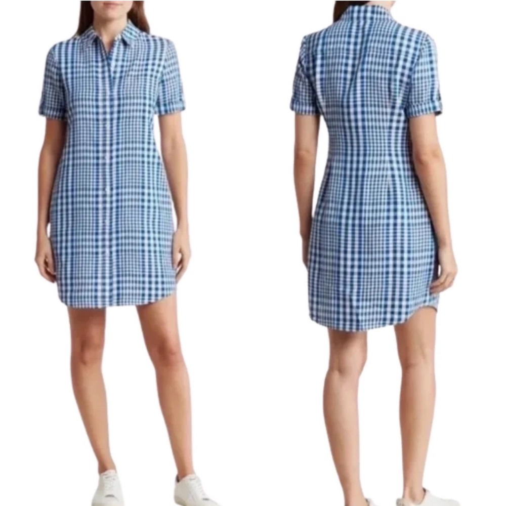 Theory Mayvine Dillon‎ Plaid Shirt Dress 2 Blue Linen Mini Preppy Gingham Summer